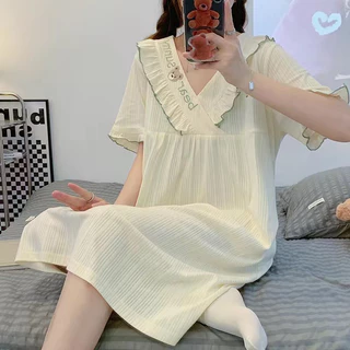 [New ORDER] Váy ngủ cotton dệt kim cổ V thêu Gấu cực dễ thương