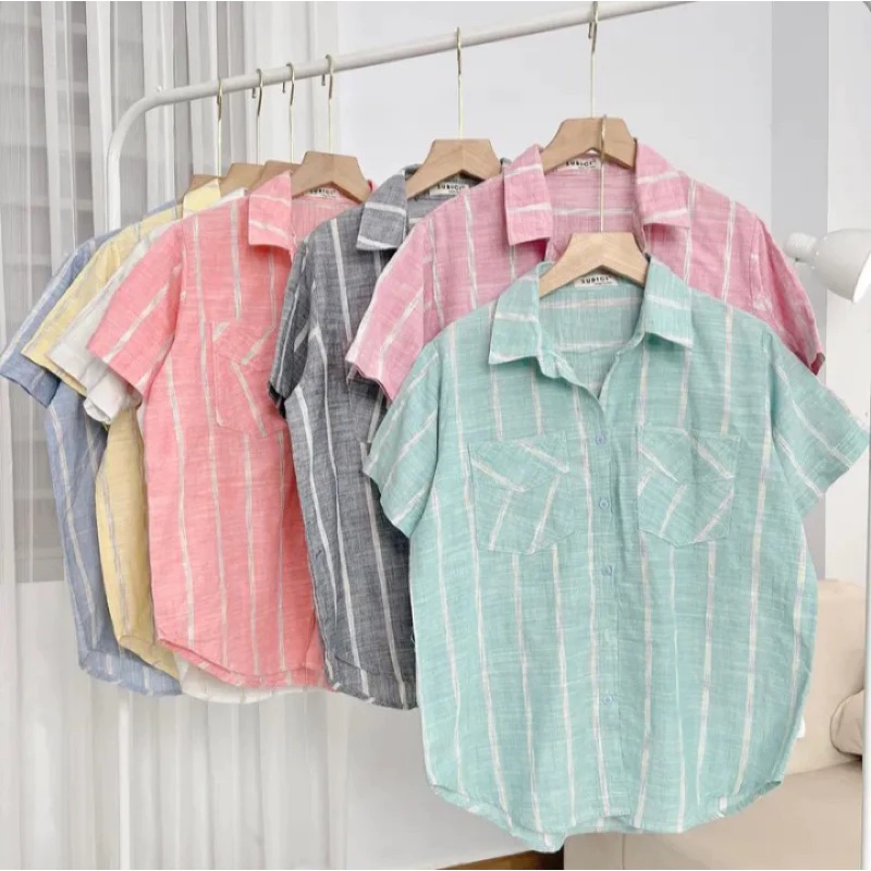 Áo Sơ Mi Tay Cộc 2 Túi Chất Cotton From Rộng Vừa Xinh Xắn Mềm Mát, Sơ Mi Nữ Công Sở Nhiều Màu