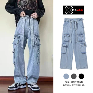 Quần jean nam túi hộp ống rộng cargo pants XMALAB cạo cao dây chéo phong cách hiphop đường phố unisex chất bò xịn B081