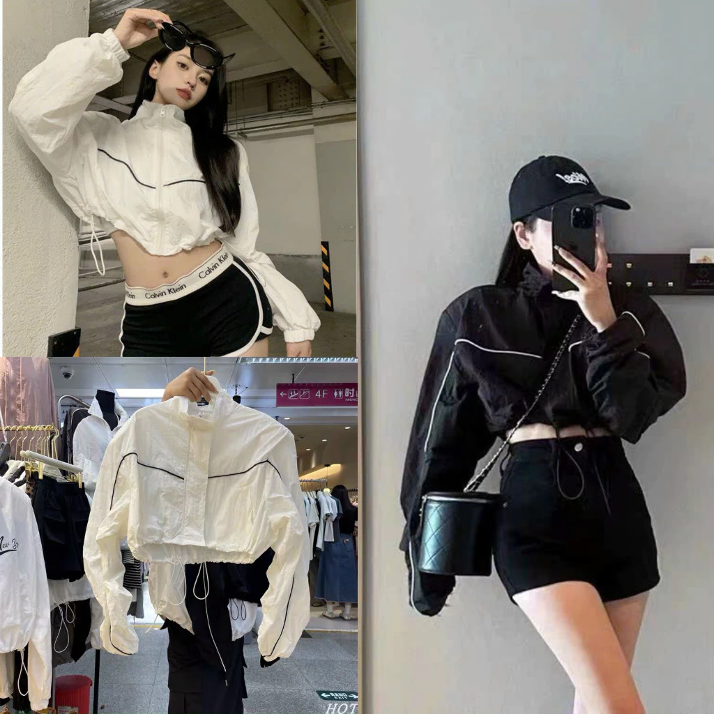 Áo khoác dù nữ 2 lớp phối sọc viền kiểu dáng lửng croptop (Có dây rút lai ) cực đẹp 2023