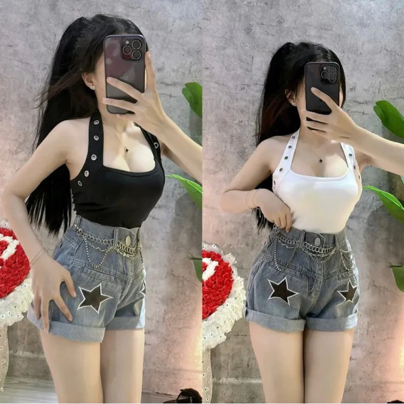 Áo tròng cổ phối khoen tròn vải pozip có mút dày dặn, áo croptop cổ yếm