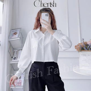 Áo sơ mi croptop nữ tay dài, áo sơ mi kẻ sọc dáng ngắn tay phồng màu trắng Ulzzang Hàn Quốc CHERISH - AS01