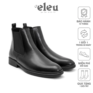 Giày Tây, Giày Bốt Chelsea Boot ELEU Màu Đen Mũi Tròn Da Bò Thật Nappa Cổ Cao Trung Bình Đế Cao Su