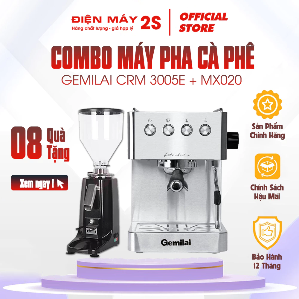 [HCM-Hàng sẵn]Combo máy pha cà phê Gemilai CRM 3005E và máy xay cafe 020 - sử dụng cho quán cà phê, bán cà phê take away