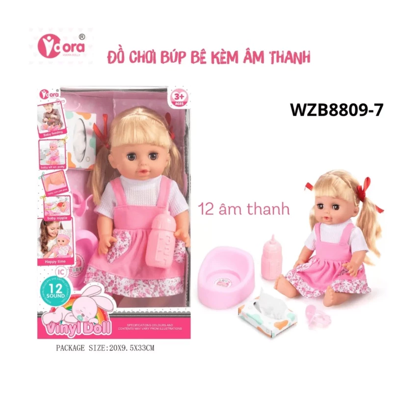 Đồ chơi Búp Bê Vdora : Bé Gái Tóc Vàng 14 inch Kèm Bình Sữa, Giấy Ăn, Ti Giả Và Bô, Nói 12 Âm Thanh (WZB8809-7)