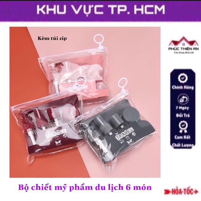 Bộ chiết mỹ phẩm du lịch 6 món kèm túi zip - tiện dung, dễ thương