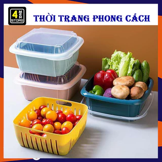 Bộ Rổ Vuông Có Nắp 2 Lớp Kèm Chậu Hứng Nước Rửa Rau Củ Đựng Hoa Quả Trái Cây Tiện Lợi - Bộ Rổ Nhựa Kèm Chậu Có Nắp 3in1