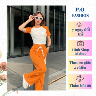 Set bộ áo croptop phối tay, quần dài ống rộng - Cam