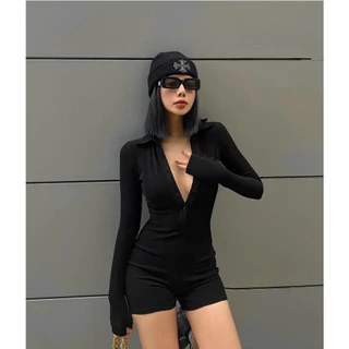 Jumpsuits nữ thời trang mặc đi bơi đi biển chất thun gân cổ V tay dài liền quần đùi ôm body sexy