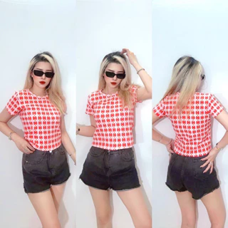 Áo croptop ôm cổ tròn thun sốp hoạ tiết đỏ