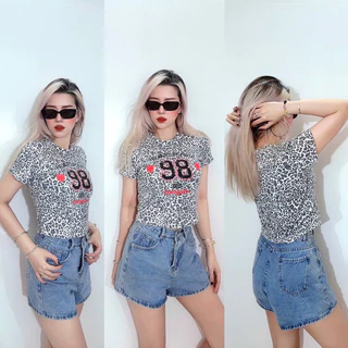 Áo croptop ôm cổ tròn thun bo rip hoạ tiết da beo xám in 98