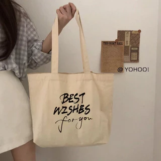 Túi tote túi vải Nhật Minh canvas ulzzang unisex in chữ  BEST WISHES có khoá miệng và có ngăn phụ nhỏ