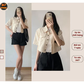 Áo sơmi dáng croptop kaki tay cộc cúc gỗ khỏe khoắn, cá tính 247store_Smkakicrt3079_P6