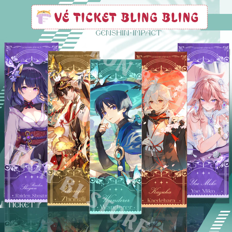 Ticket Genshin Impact 2 mặt - 21x7cm hiệu ứng Bling Bling Scara, Zhongli, Kazuha, Yae, Raiden