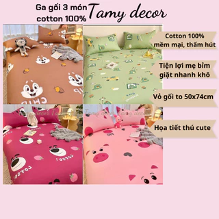 Bộ Ga Gối 3 Món Cotton 100% Tamy Decor Hình Con Vật Sóc Gấu Thỏ Lợn Mềm Mại Mát Mẻ Thấm Hút Mồ Hôi Không Chăn