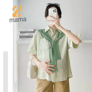 Áo bầu công sở mùa hè 2mama kẻ sọc, cổ sơ mi có phối vạt điệu đà, dễ thương