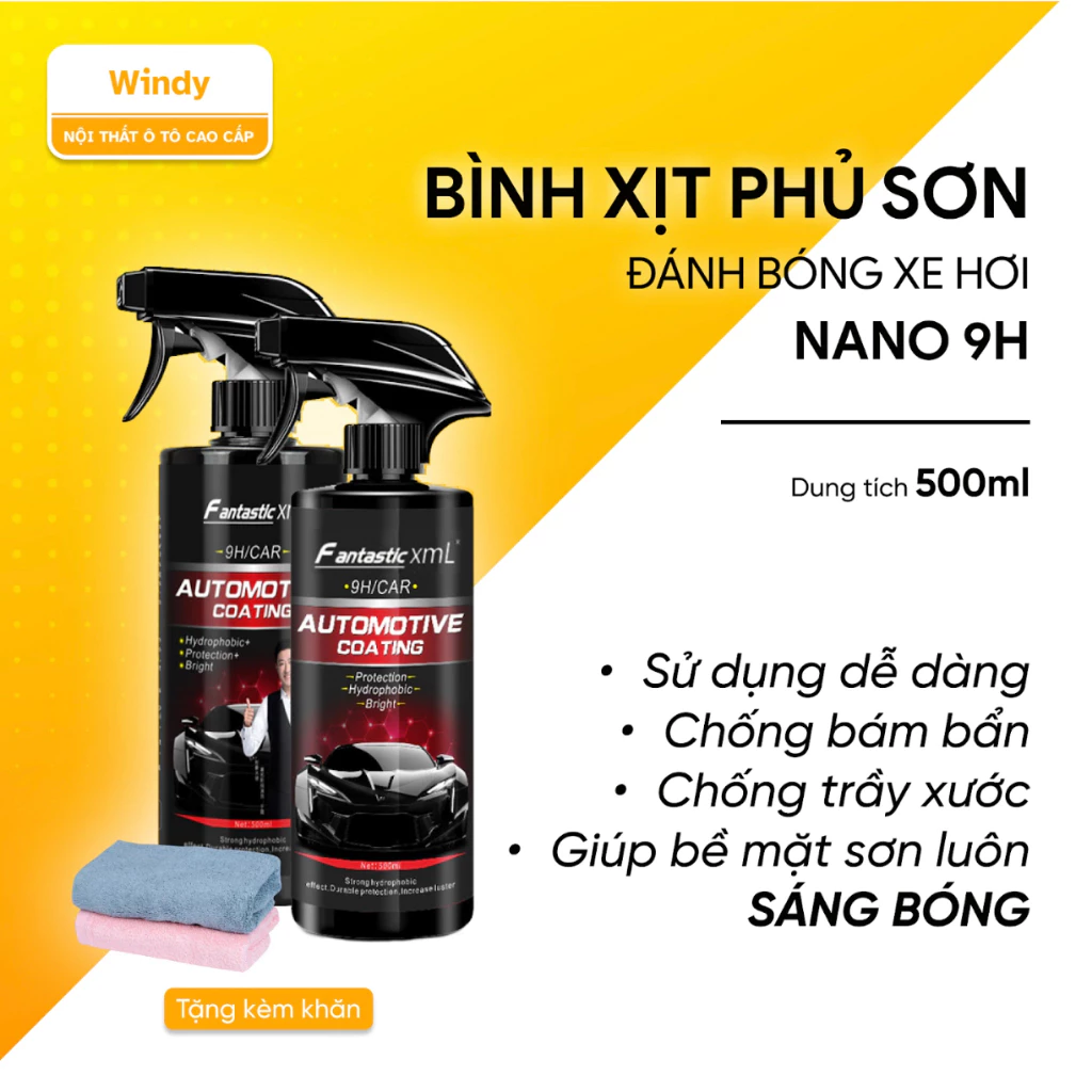 Bình Xịt Phủ Sơn Đánh Bóng Xe Hơi, Ô Tô  Xịt Phủ Nano 9H Chất Lượng Cao Dung Tích 500ml - Tặng kèm khăn