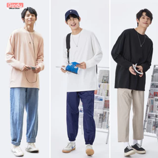 Áo thun phông nam nữ form rộng dài tay GINDY cổ tròn unisex basic vải cotton 100% co dãn thời trang thu đông 2023 A033