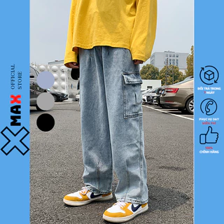 Quần jean nam túi hộp cargo pants XMAX dáng suông dài phong cách retro, quần bò túi hộp nam ống rộng túi hộp hiphop B083