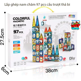 Bộ xếp hình nam châm Colorful Magnetic 97 pcs tháp vui chơi cầu trượt trong suốt lăn bi