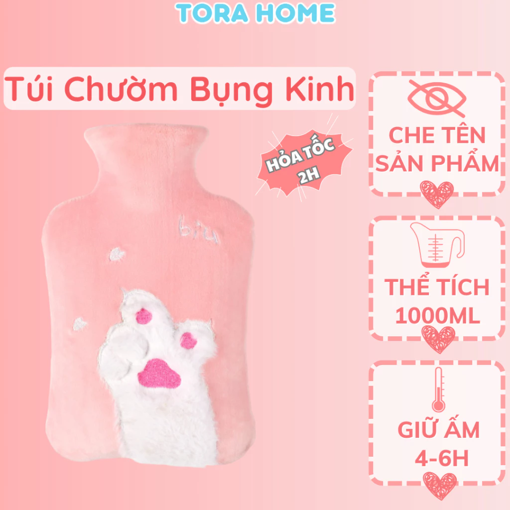 Túi nước nóng chườm bụng kinh cho nữ thể tích 1000ml bọc vải nhung và lông mềm mịn với họa tiết chân mèo dễ thương