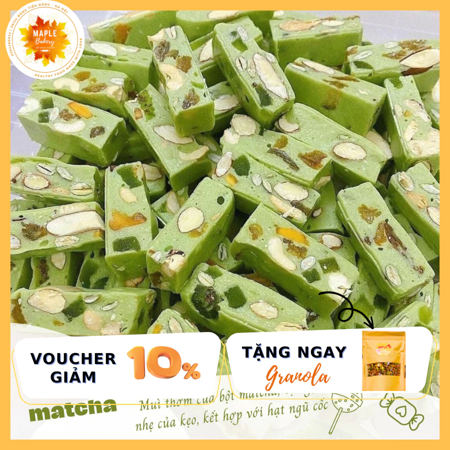 Kẹo Nougat healthy vị Matcha - Kẹo Hạnh Phúc - Siêu hạt, ít ngọt, thơm ngon