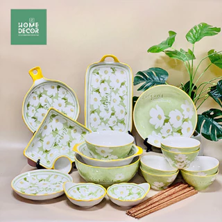 Trọn Bộ Bát Đĩa Cao Cấp Họa Tiết Cúc Trắng, Chén Dĩa Decor Màu Sắc Nổi Bật,Set Bát Đĩa Decor sang trọng