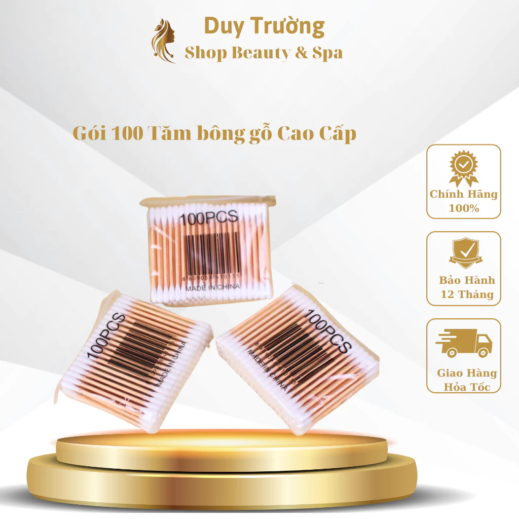 Gói 100 Tăm bông gỗ y tế dùng nặn mụn cho spa thẩm mỹ và vệ sinh tai cá nhân