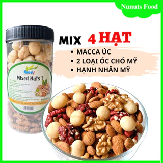 Mix hạt dinh dưỡng gồm 4 loại (hạt macca Úc, hạt hạnh nhân Mỹ, óc chó vàng, óc chó đỏ Mỹ ) đã tách vỏ, sấy giòn ăn liền