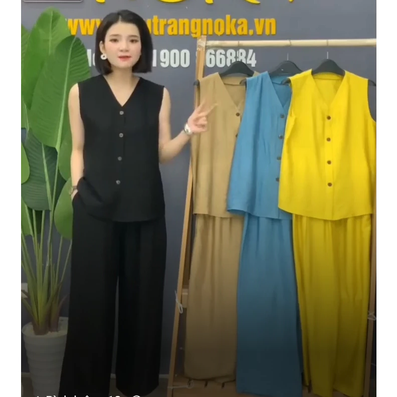 Bộ sát nách, Đồ Bộ Nữ, áo cổ tim đính khuy quần ống suông, Đồ Mặc Nhà Nữ,Mặc Đi Chơi, Chất Liệu Đũi, Thoáng Mát