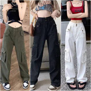 Quần ống rộng kaki 4 túi - Quần hộp cargo pants unisex nam nữ 3 màu trắng, đen, rêu siêu hot