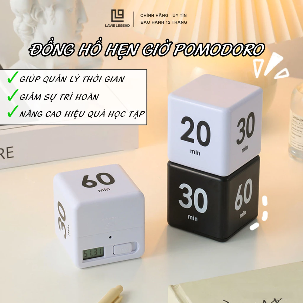 Đồng hồ Pomodoro hẹn giờ đếm ngược Cube Timer giúp quản lý thời gian, giảm sự trì hoãn tập trung học tập, nấu ăn, yoga
