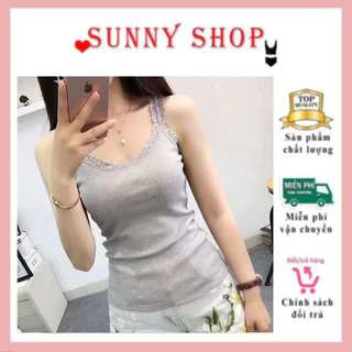 [SA346] Áo hai dây cotton gân tăm phối ren cổ sexy cá tính