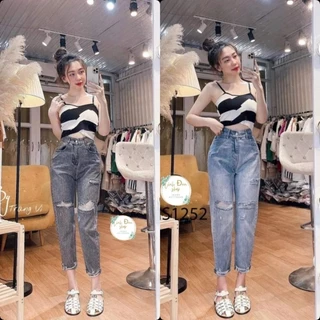 Quần jeans baggy nữ lưng siêu cao rách gối ,túi sau kiểu, lai rách Linh Đan Shop9698