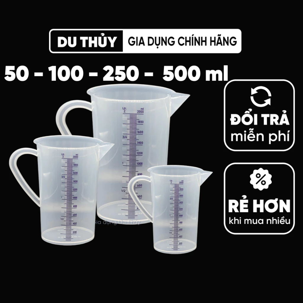 Ca đong dung tích có chia vạch đo đậm rõ dễ nhìn, định lượng từ 50ml - 2000ml, chất liệu nhựa PP trong suốt