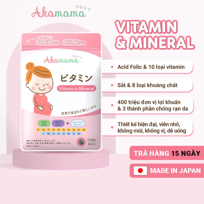 Sắt cho bà bầu, vitamin bầu, acid folic Akamama - Nhật Bản, hỗ trợ tiêu hoá, viên nhỏ, không mùi, không vị - 120 viên