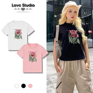 Áo Baby tee hoa tuylip hồng chất vải cotton local brand 230gsm nữ unisex y2k Love Studio [A080]