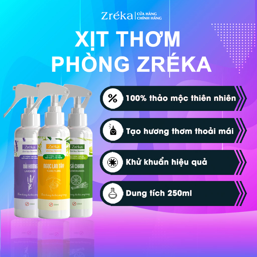 Xịt Phòng Tinh Dầu Sả Chanh, Oải Hương, Ngọc Lan Tây Đuổi Muỗi 250ml Zréka Thơm Thoáng Khử Mùi Hiệu Quả