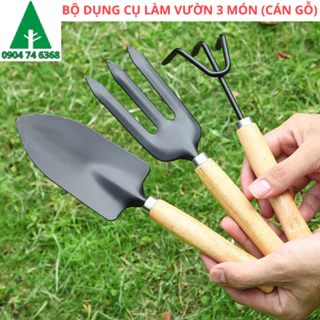 Dụng cụ trồng cây, D25cm, cán gỗ, lưỡi thép, gồm xẻng, cảo, chĩa, làm vườn, xới đất dễ dàng