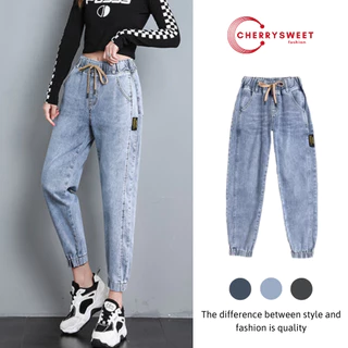 Quần jean baggy nữ ống rộng CHERRYSWEET cạp chun dây rút dáng suông chất vải denim dày đẹp T061