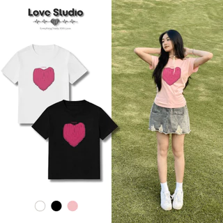 Áo thun ngắn tay baby tee nữ cotton 230gsm tim hồng chảy sơn unisex y2k Love Studio [A101]