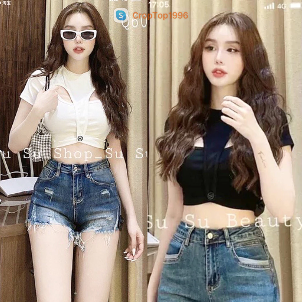 Áo kiểu ôm body cổ v - áo croptop dáng ôm tay ngắn . mã A30