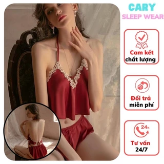 Đồ ngủ nữ sexy chất lụa satin cao cấp mặc nhà, bộ ngủ yếm phối ren gợi cảm bigsize CARY