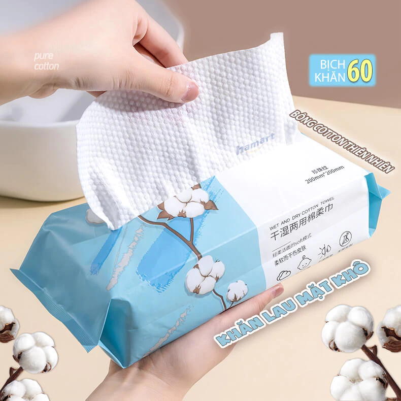 Bịch 60 Khăn Lau Mặt Khô Bông Cotton Giấy Tẩy Trang Dùng 1 Lần Mềm Mịn Tái Sử Dụng Đa Năng