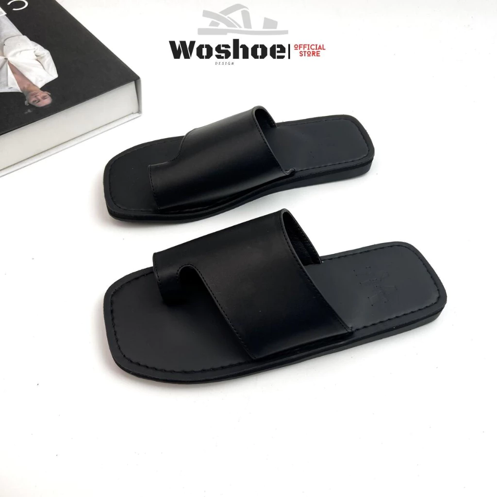 Dép quai ngang xỏ ngón WOSHOE đế bệt mũi vuông cao cấp size 34-44