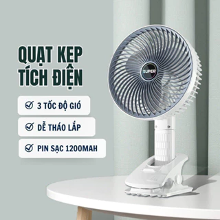 Quạt kẹp bàn tích điện SUPER, Quạt tích điện để bàn 3 tốc độ gió siêu mát có giá đỡ điện thoại bảo hành 12 tháng