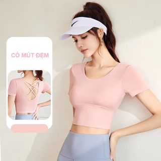 Áo tập gym dáng croptop có mút đệm, Áo tập yoga, aerobic cho nữ, dây chéo lưng thời trang