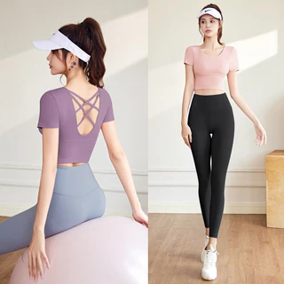 Bộ quần áo tập gym, yoga, aerobic,  áo croptop ngắn tay có mút đệm và quần dài ôm body, tôn dáng