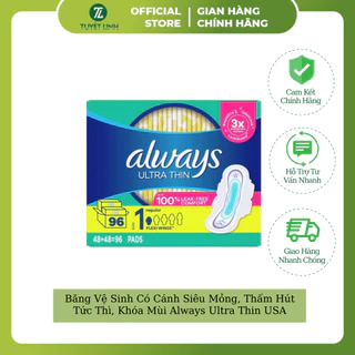 Băng Vệ Sinh Có Cánh Siêu Mỏng, Thấm Hút Tức Thì, Khóa Mùi Always Ultra Thin USA 100% Thoải Mái - 96 Miếng(Pads)