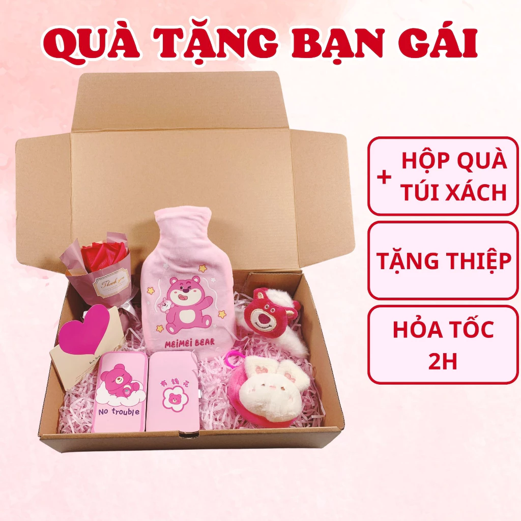 Set hộp quà tặng sinh nhật bạn gái túi chườm nóng Lotso House hộp quà tặng túi chườm bụng kinh cho bạn gái losto cute